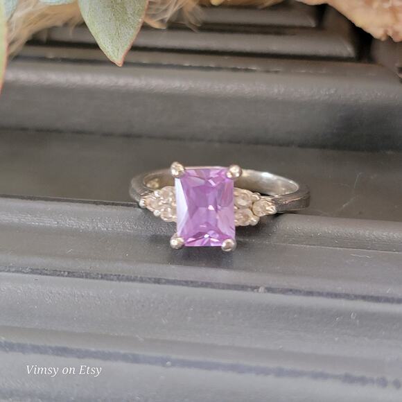 Classic Cut Sterling Silver Amethyst Ring with Crystal Accents, Size 6 1/2 - Picture 7 of 10
